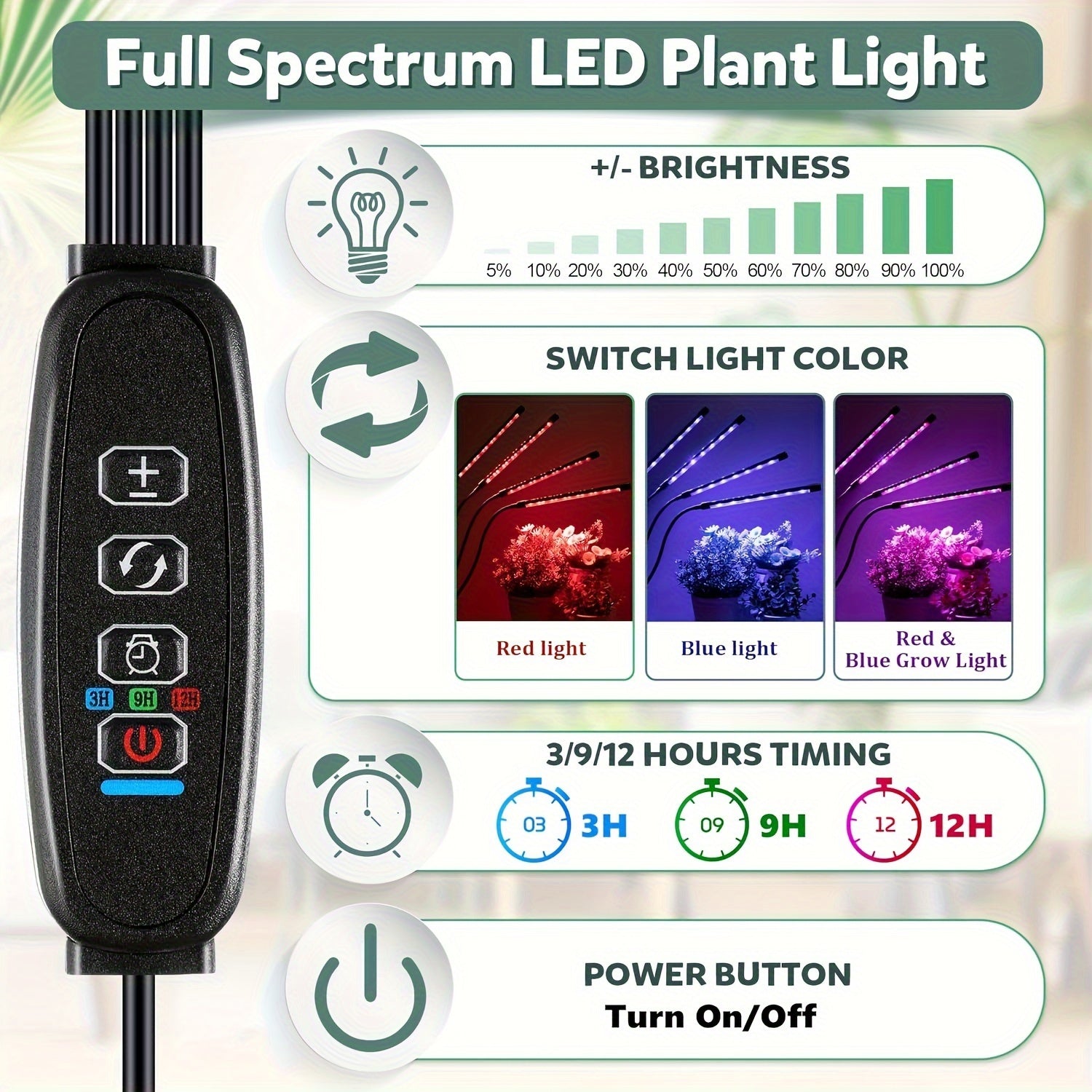 Red and Blue LED Plant Grow Light with USB, Adjustable 1-5 Heads for Indoor Plants and Greenhouse