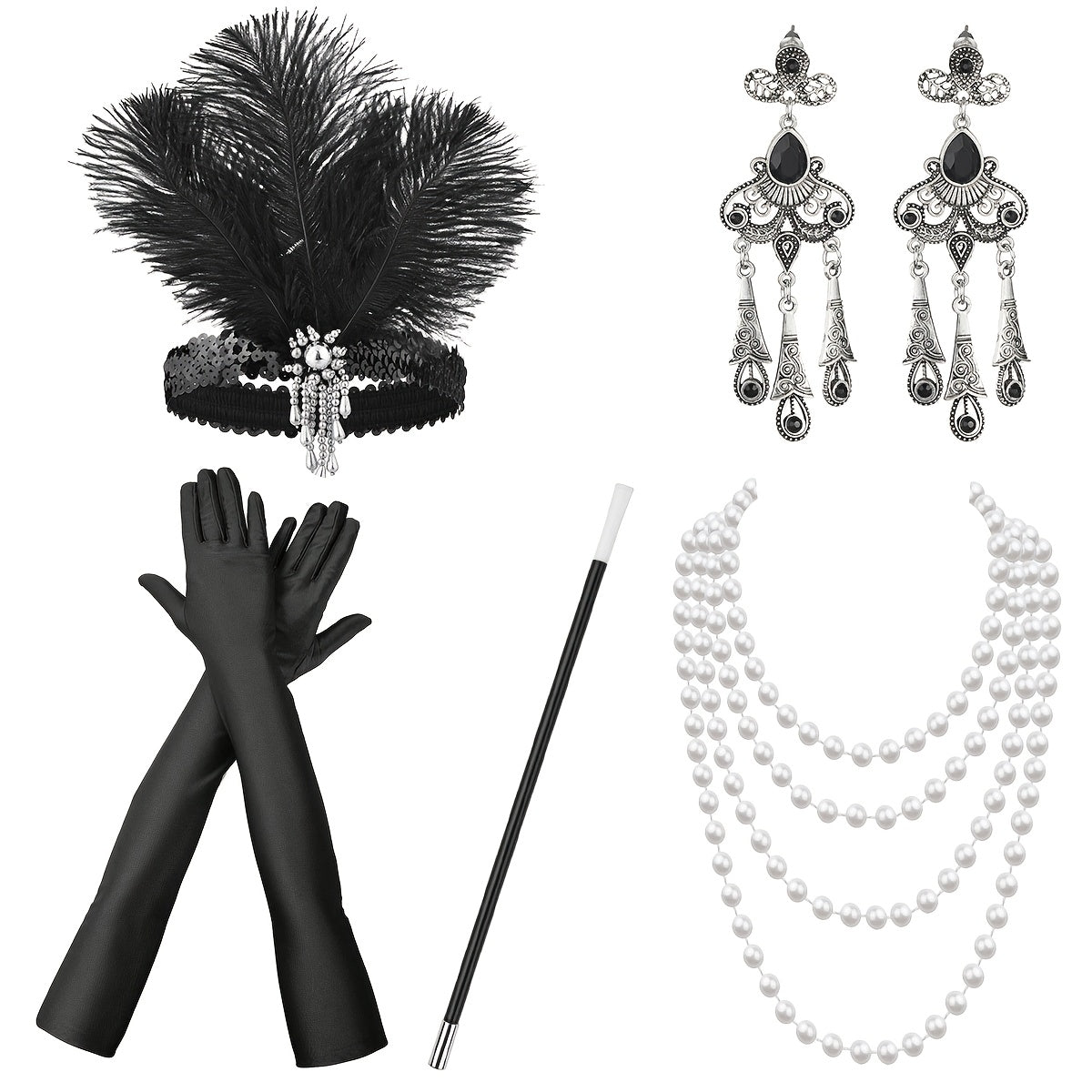 Set de accesorios de disfraces con temática Gatsby para mujeres con diadema de plumas, guantes, collar de perlas y sujetapapeles para cigarrillos