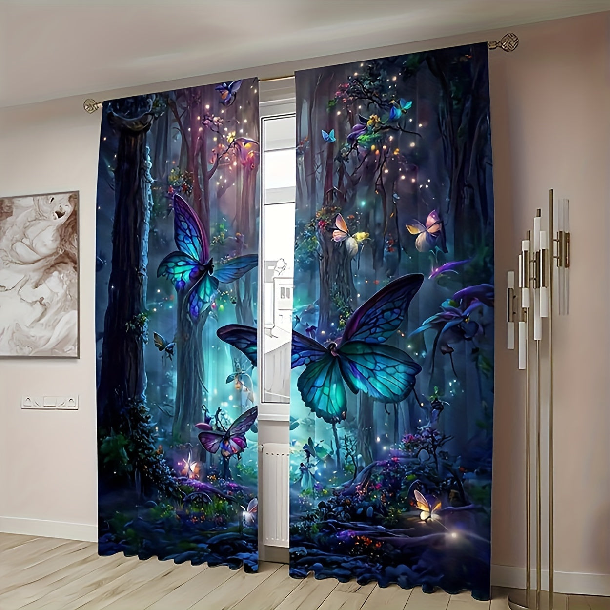Blue Butterfly Forest Curtains Set Polyester Digital Print Fade-Resistant for Living Room