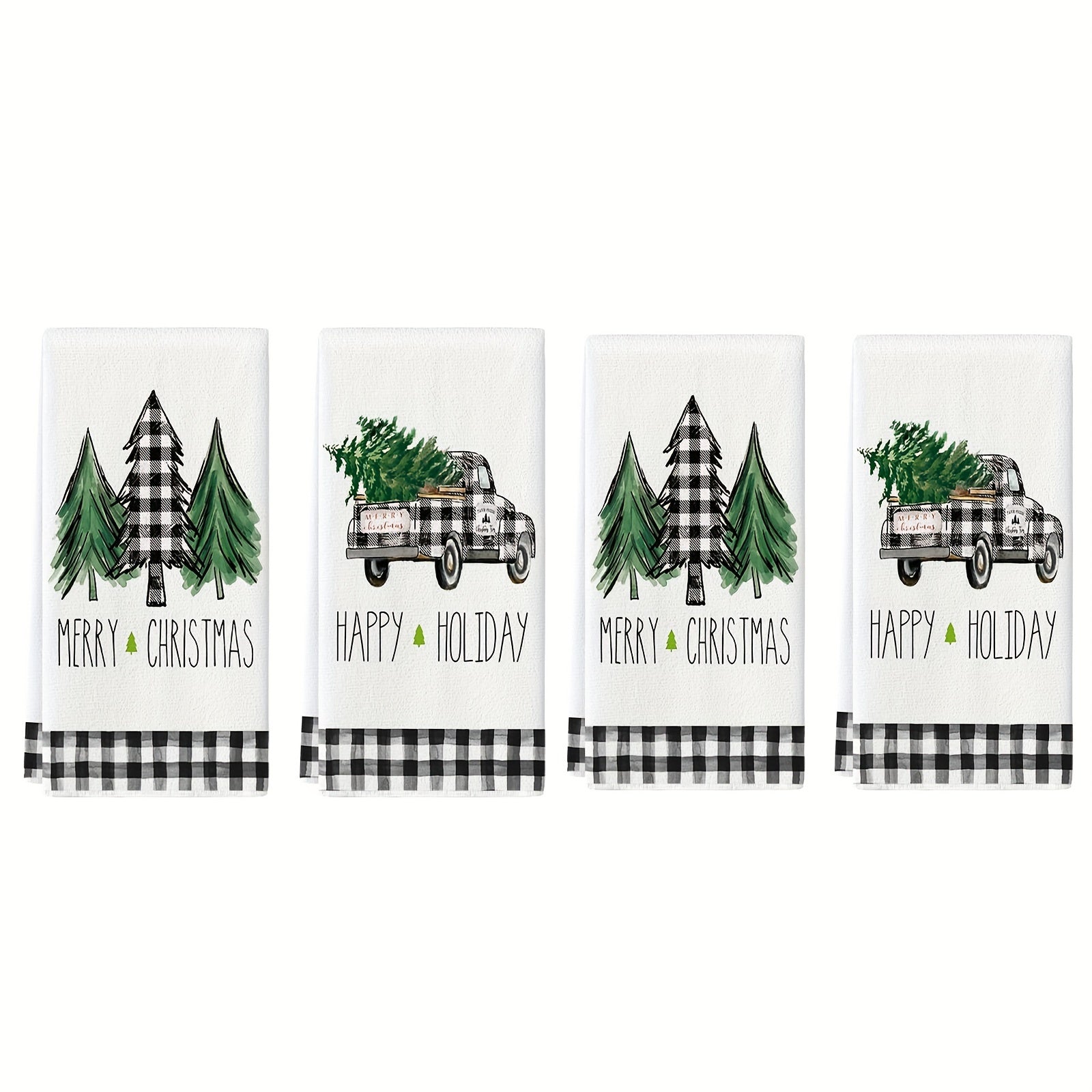 2/4Pcs Christmas Hand Towels with Truck and Tree Plaid Print Kitchen Decor Housewarming Gift