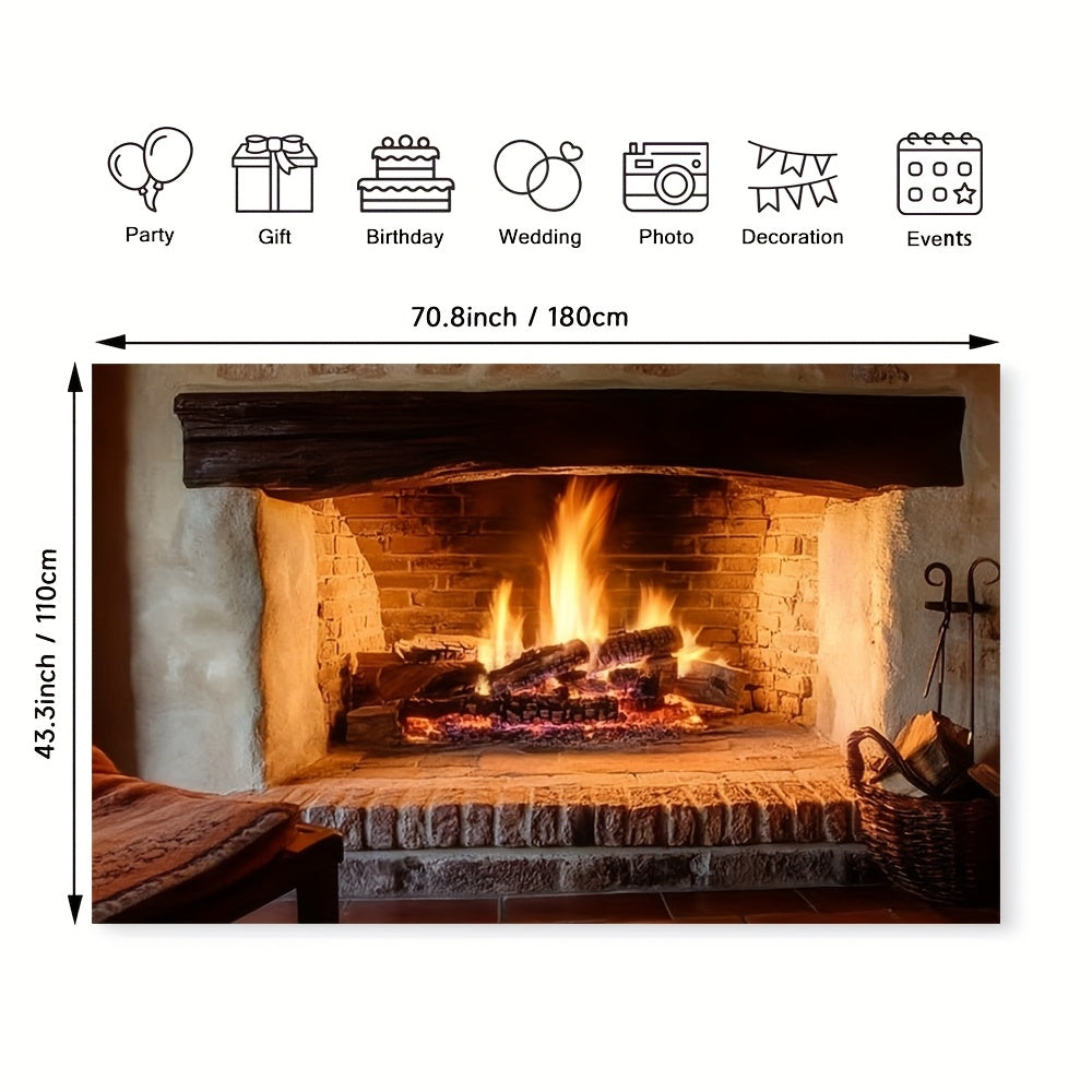 Polyester Fireplace Backdrop Cloth for Home Decor, Wood Burning Scene, All Seasons