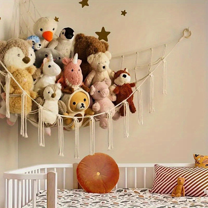 Boho Chic Plush Hammock Hanging Net for Stuffed Animals Storage Bedroom Decor