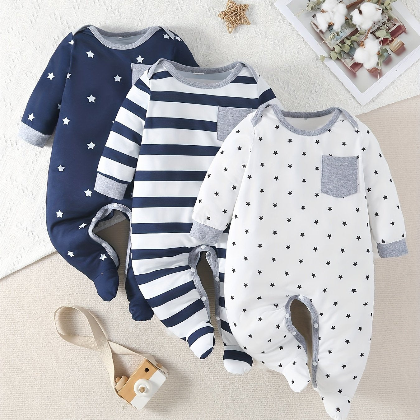 Baby Boys Star-Print Footed Bodysuit Set with Polka Dot Socks 0-3 Years