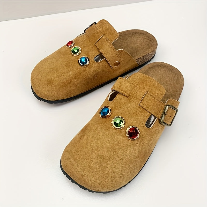 Women's Slip-On Mules Fabric Casual Loafers with Adjustable Straps and Gemstone Accents