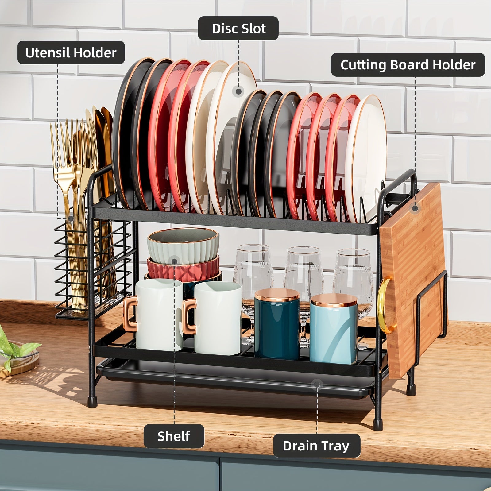 2-Tier Countertop Dish Drying Rack with Drain Tray and Storage for Kitchen Accessories