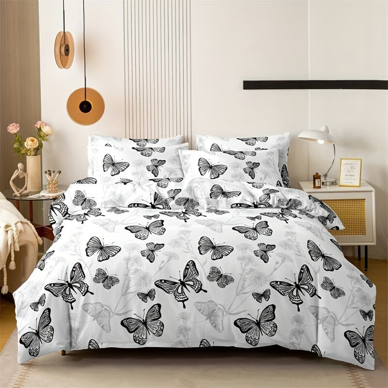 3-Piece Butterfly Print Duvet Cover Set Made of Soft Breathable Polyester All-Season Bedroom Decor