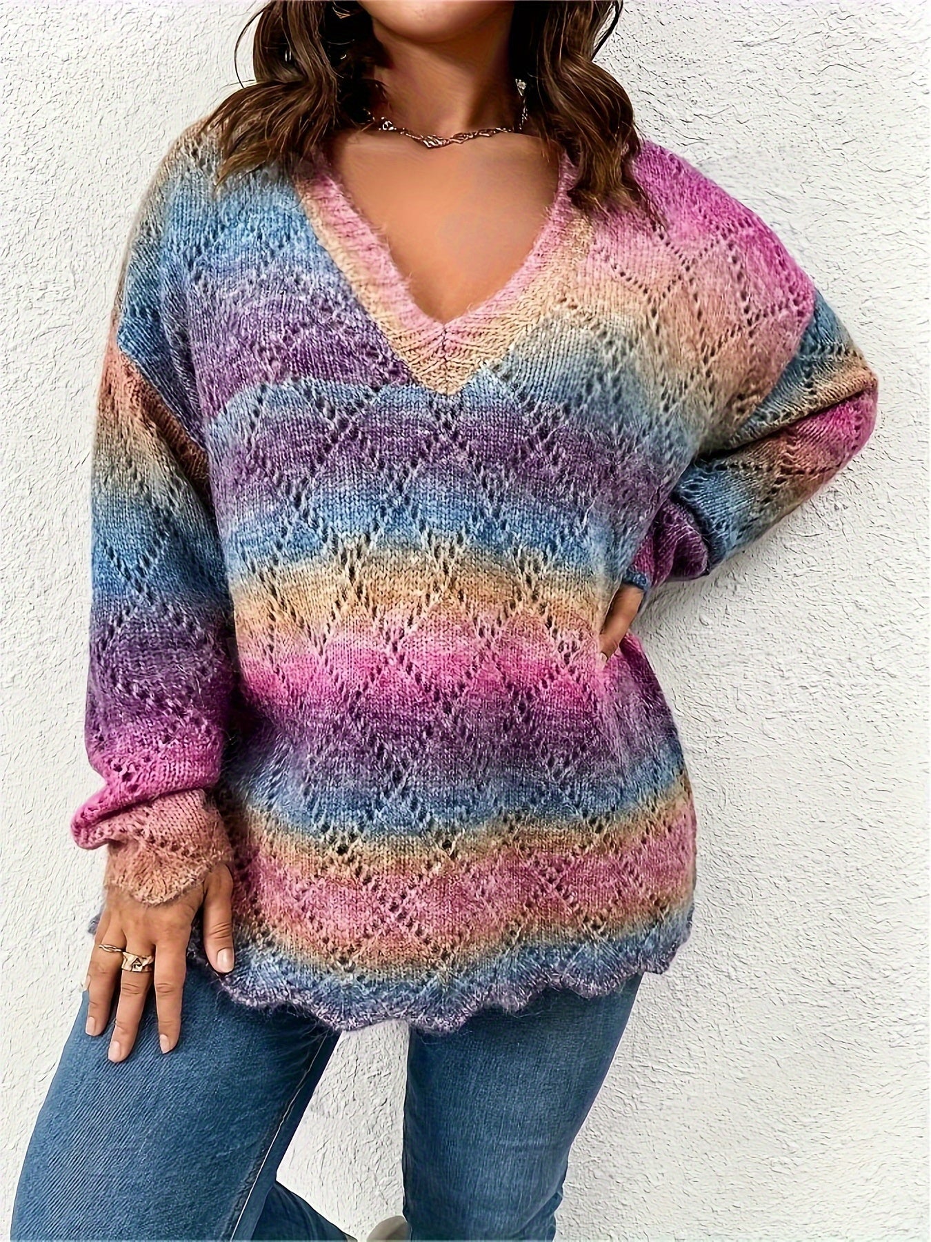 Women's Plus Size Colorful Striped Knitted Sweater with Drop Shoulder