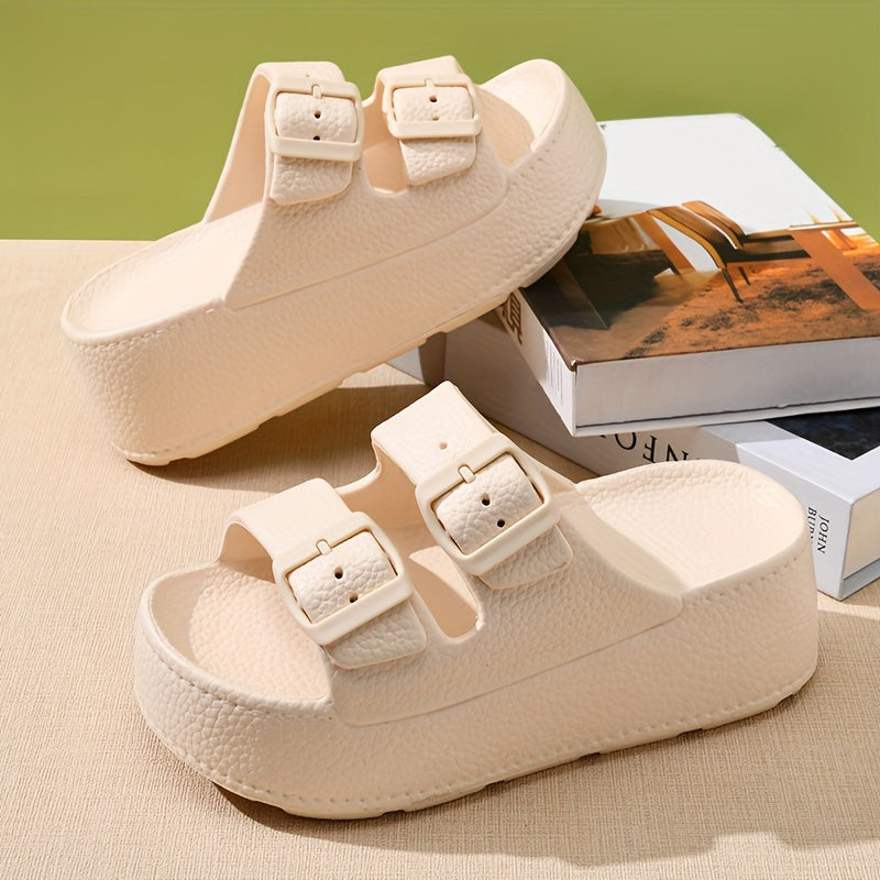 Women's Casual Solid Color EVA Platform Slippers with Buckle Closure Breathable Anti-Slip Super Thick Sole