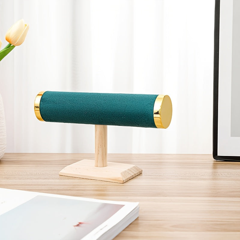 Wood Jewelry Organizer Stand with Velvet Lining and Gold Accents for Necklaces Watches and Bracelets