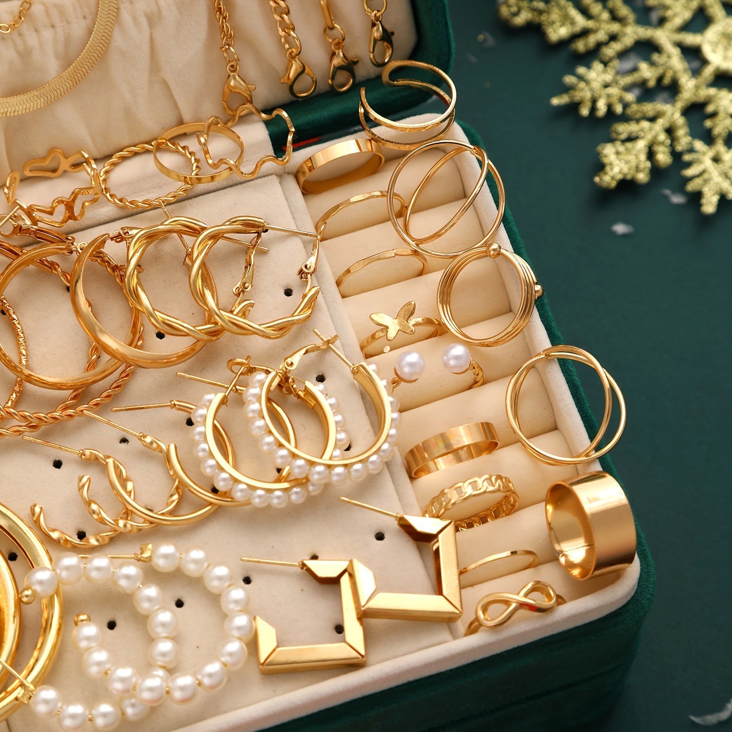 Juego de joyería navideña de 54 piezas para mujeres con perlas de imitación y accesorios de aleación de zinc