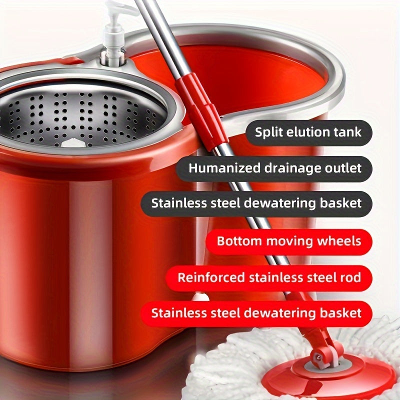 Juego de cubo y mopa giratoria roja con 3 paños de mopa para suelos de madera y limpieza en húmedo