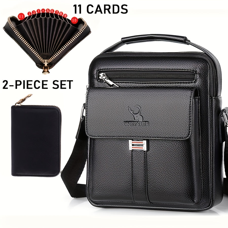 Men's Vintage Business Casual Shoulder Bag Black with Multiple Compartments and Zippered Pockets