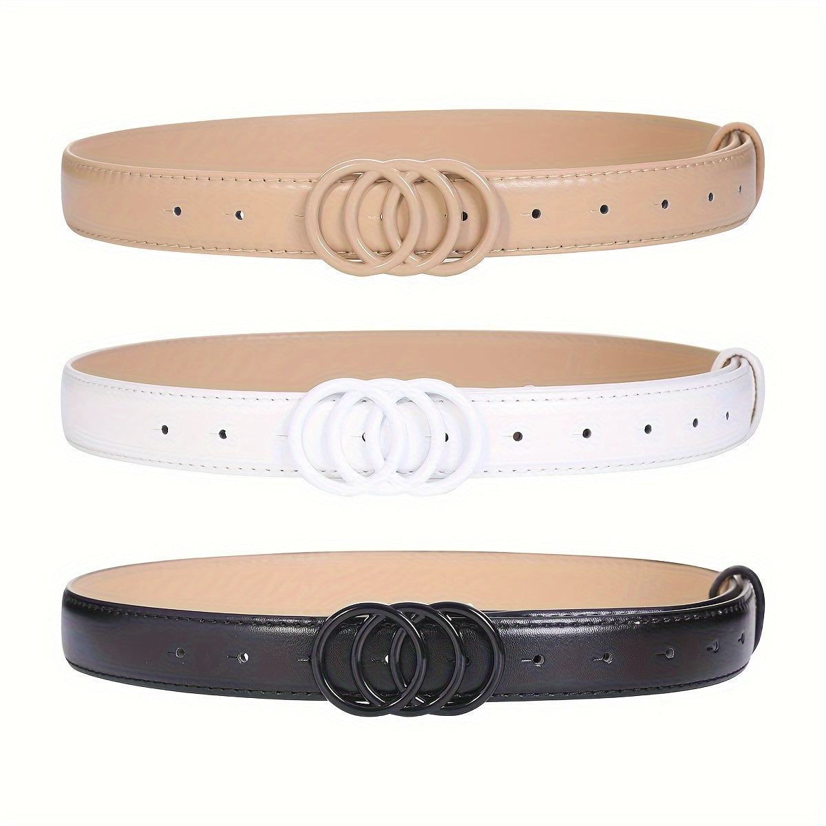 Stylish PU Leather Belt Set of 3 Black White Khaki Multi-Hole Casual Formal