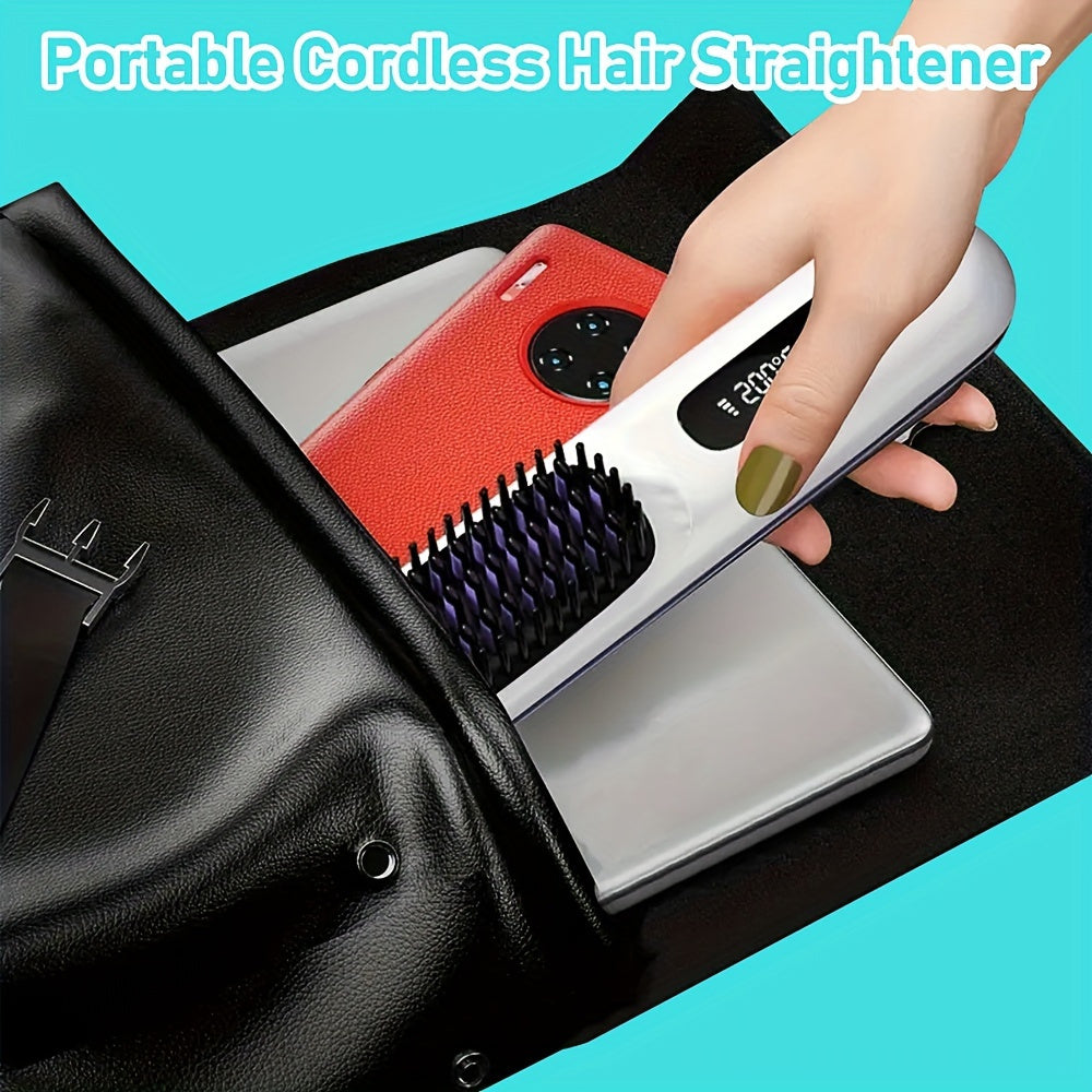 Portable straight hair brush with 3 temperature settings LED display USB charging 2000mAh lithium battery