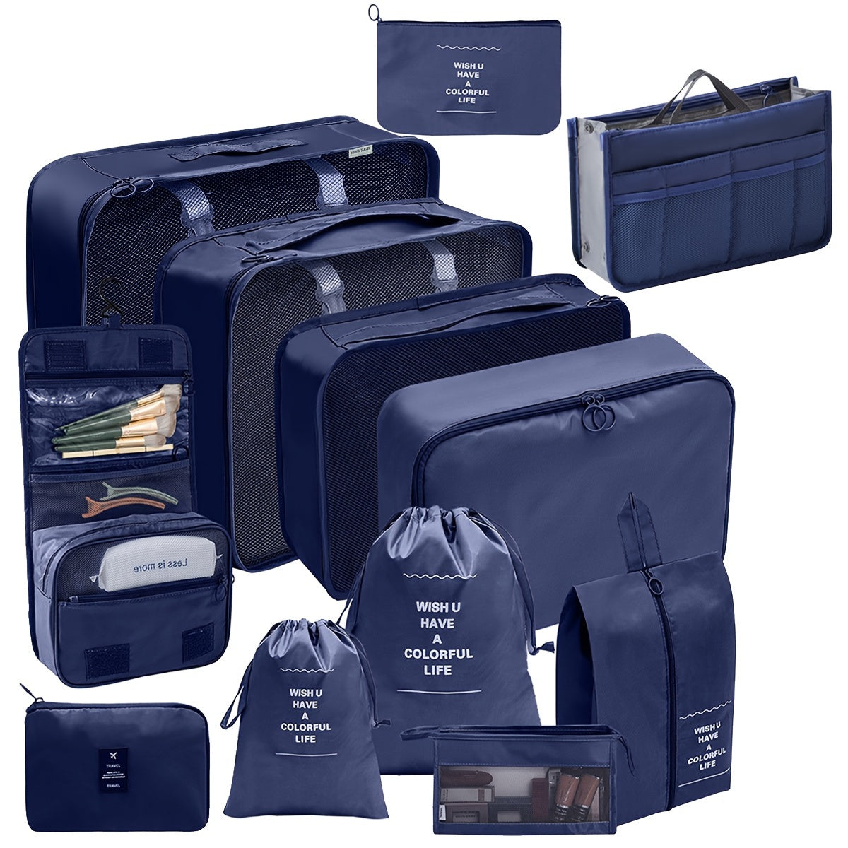 12-Piece Minimalist Travel Organizer Set Plastic Packing Cubes Toiletry Bag Shoe Storage