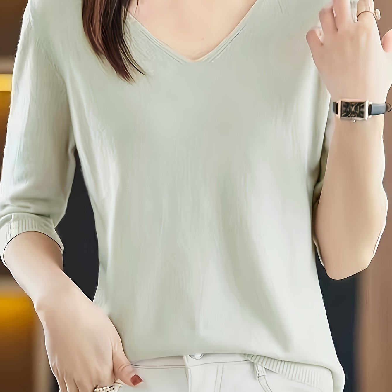 Women's V-Neck Sweater Solid Color Half Sleeve Knit Top for Spring Fall