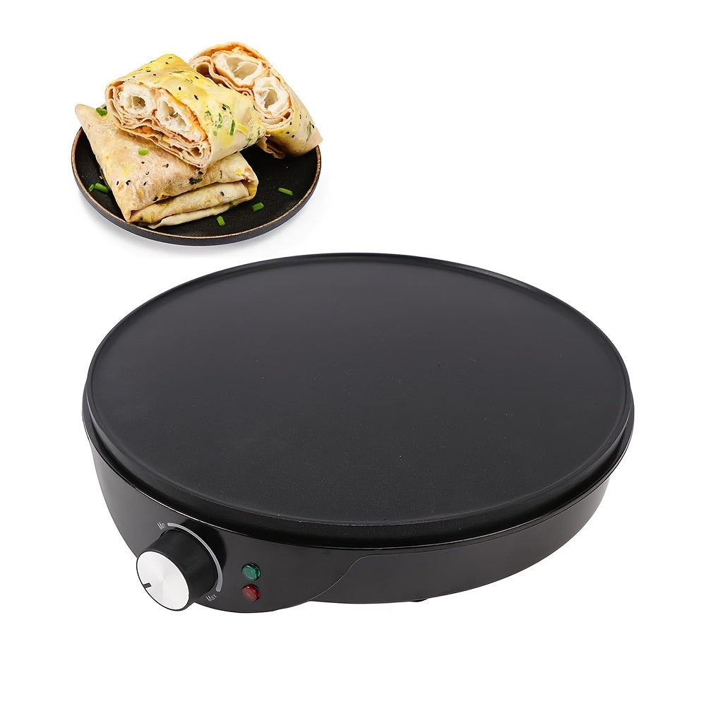 Yashil dumaloq burrito va crepe tayyorlash panasi, yog'och scraper bilan - 1000-1200W, ortiqcha issiqlikdan himoya qilish, knopka boshqaruvi, tortillalar, vafli va uyda tayyorlangan creplar uchun ideal.