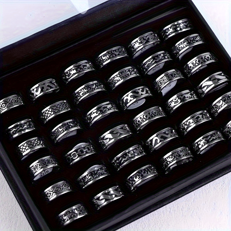 10-Pack Vintage Style Stainless Steel Carved Rings Unisex Jewelry Accessories