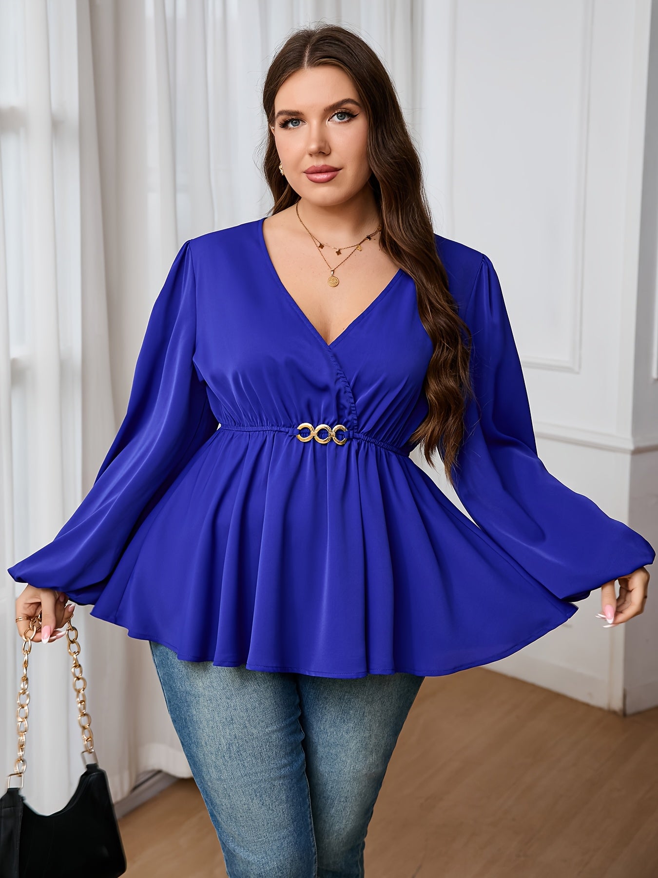 Women's Plus Size V-Neck Lantern Sleeve Blouse Stretchy Polyester Spandex