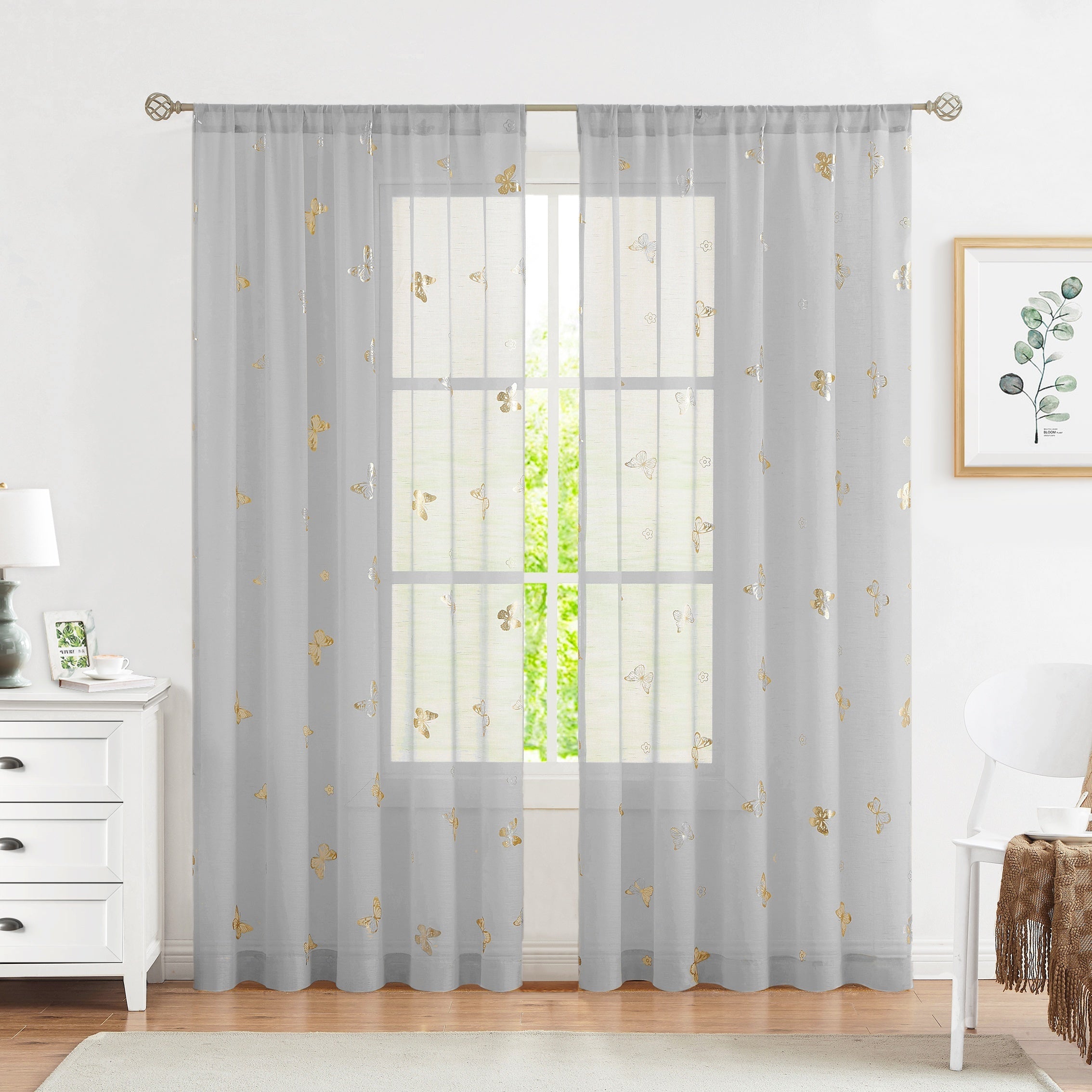 Golden Butterfly Translucent Linen Curtains for Bedroom or Living Room 63-95 Inches