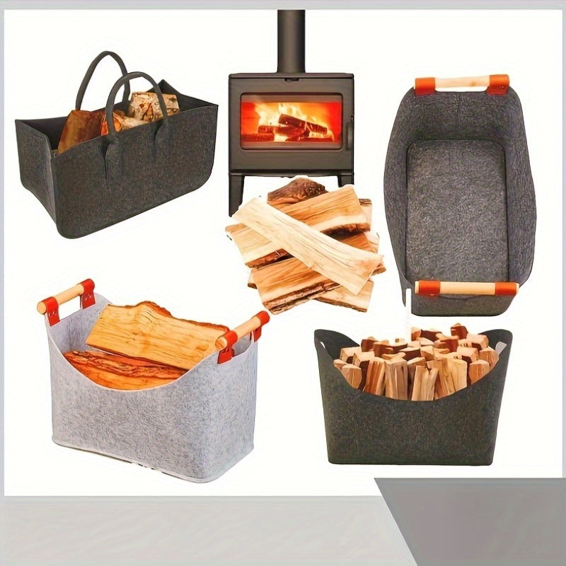 Large Felt Firewood Basket with Extendable Wooden Handle and Side Pocket