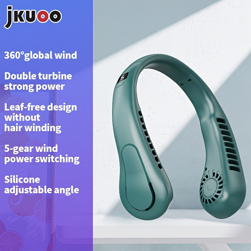 Portable Neck Fan with 5-Speed Strong Wind USB Rechargeable Lithium Battery Adjustable Silicone Strap Outdoor Travel Sports