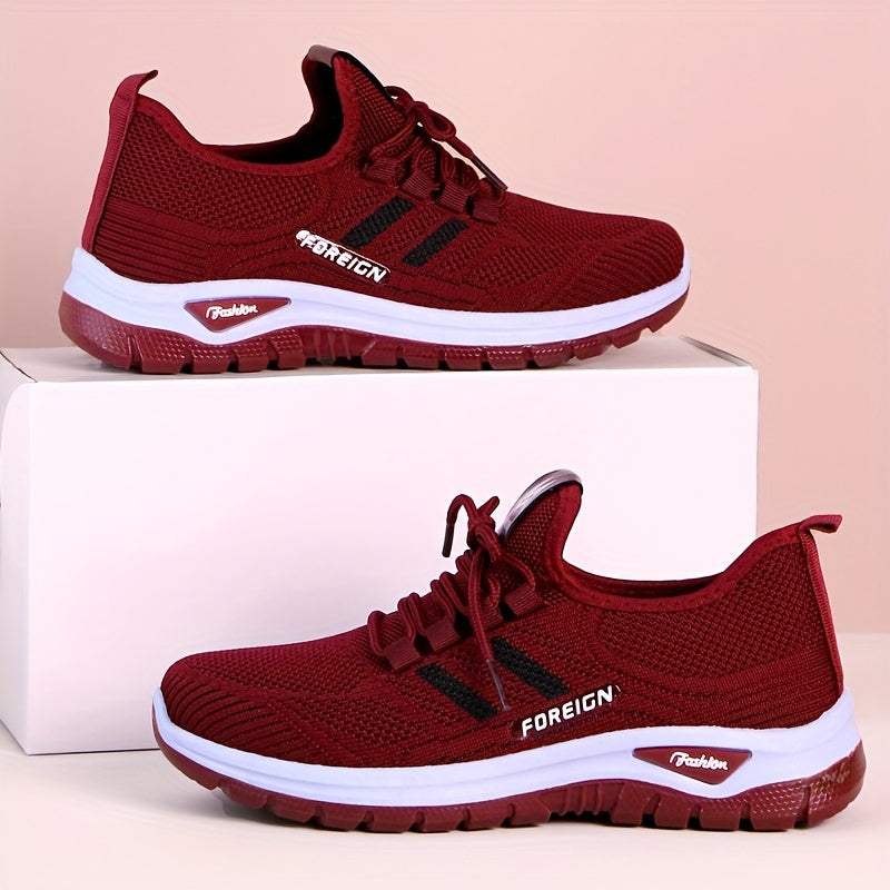Women's Breathable Knit Running Sneakers Black and Red Striped Casual Shoes