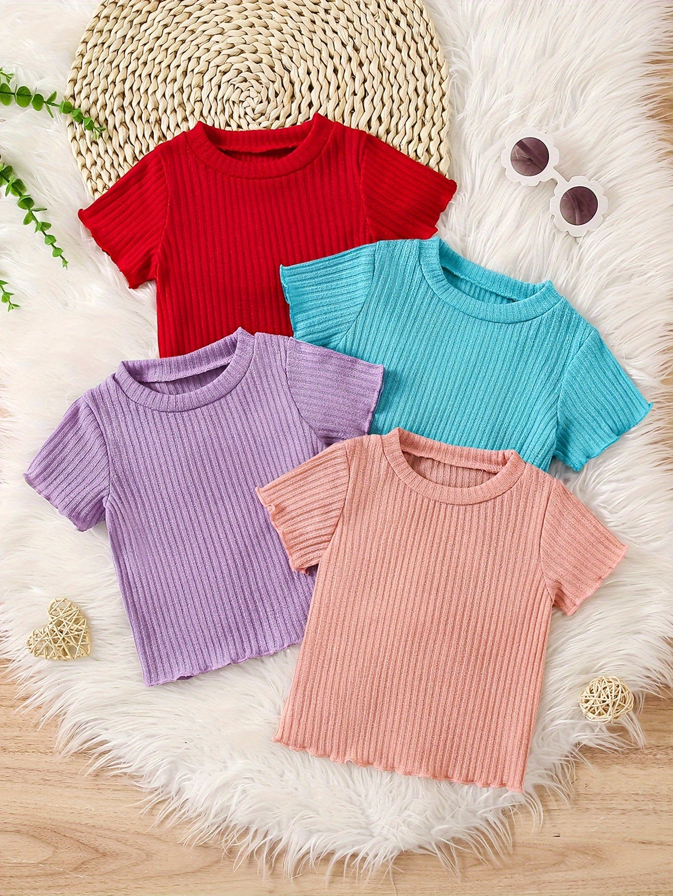 Girls' Summer Rib-Knit Short Sleeve Solid Color T-Shirt Tops Pack of 4