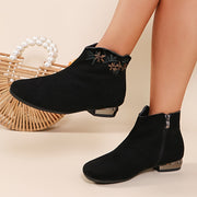 Women's Flannel Ankle Booties with Zipper & Embroidery Low Heel