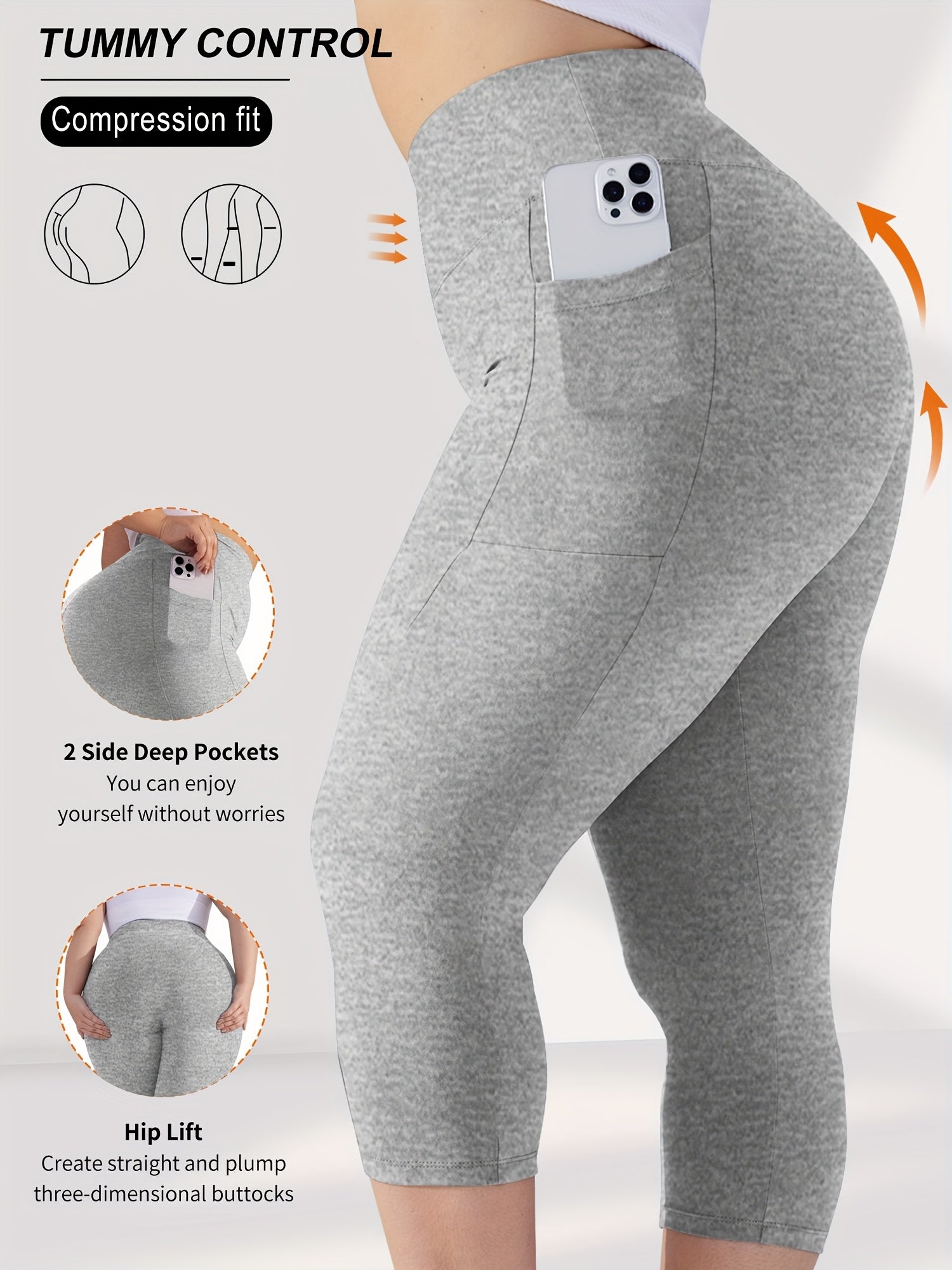 Леггинсы для женщин больших размеров с высокой талией и карманами, контроль живота, серый