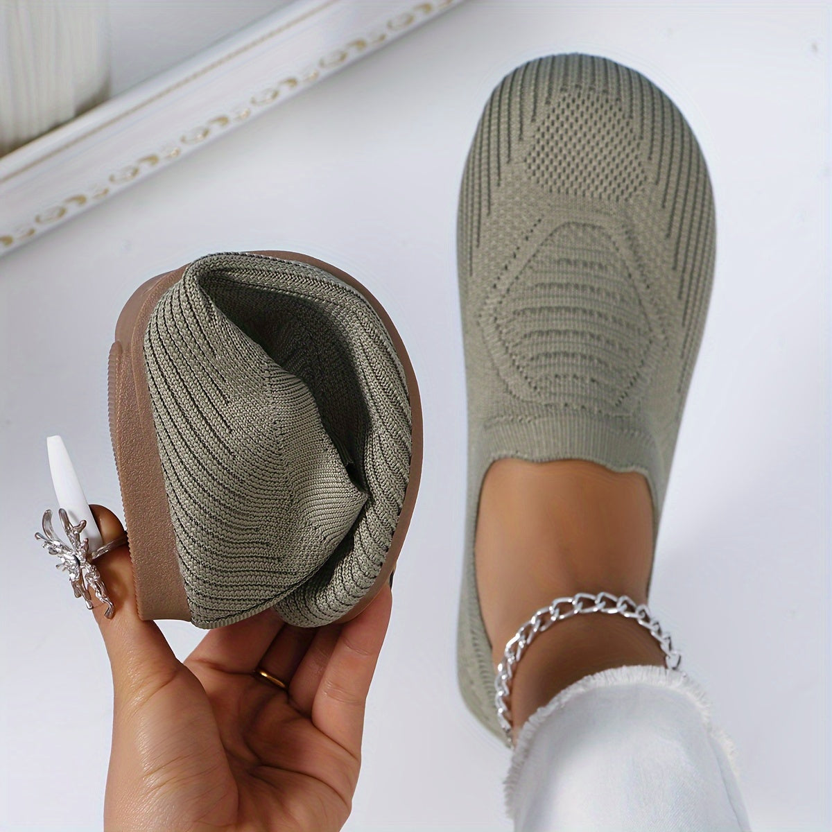 Women's Knit Slip-On Flats Casual Round Toe Mary Jane Shoes Gray Fabric