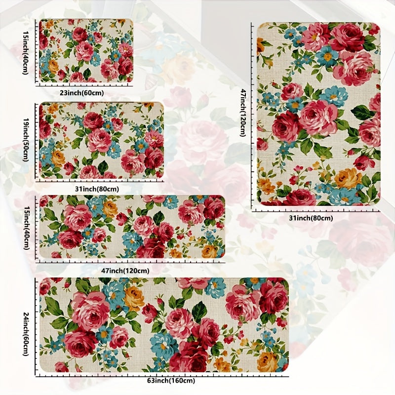 Polyester Kitchen Mat Non-Slip Waterproof Oil-Proof Floral Design Machine Washable Floor Mat