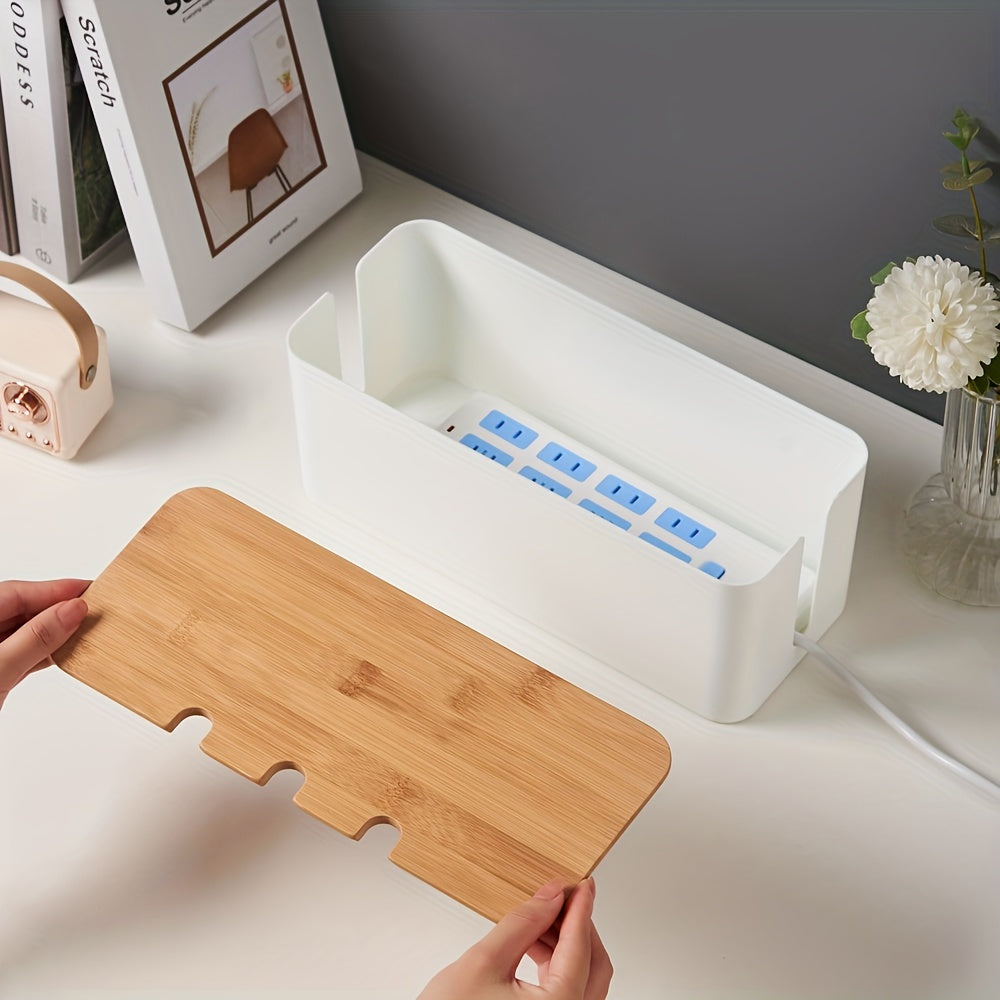 Caja de almacenamiento de escritorio con tapa de madera de bambú para organización de cables y maquillaje