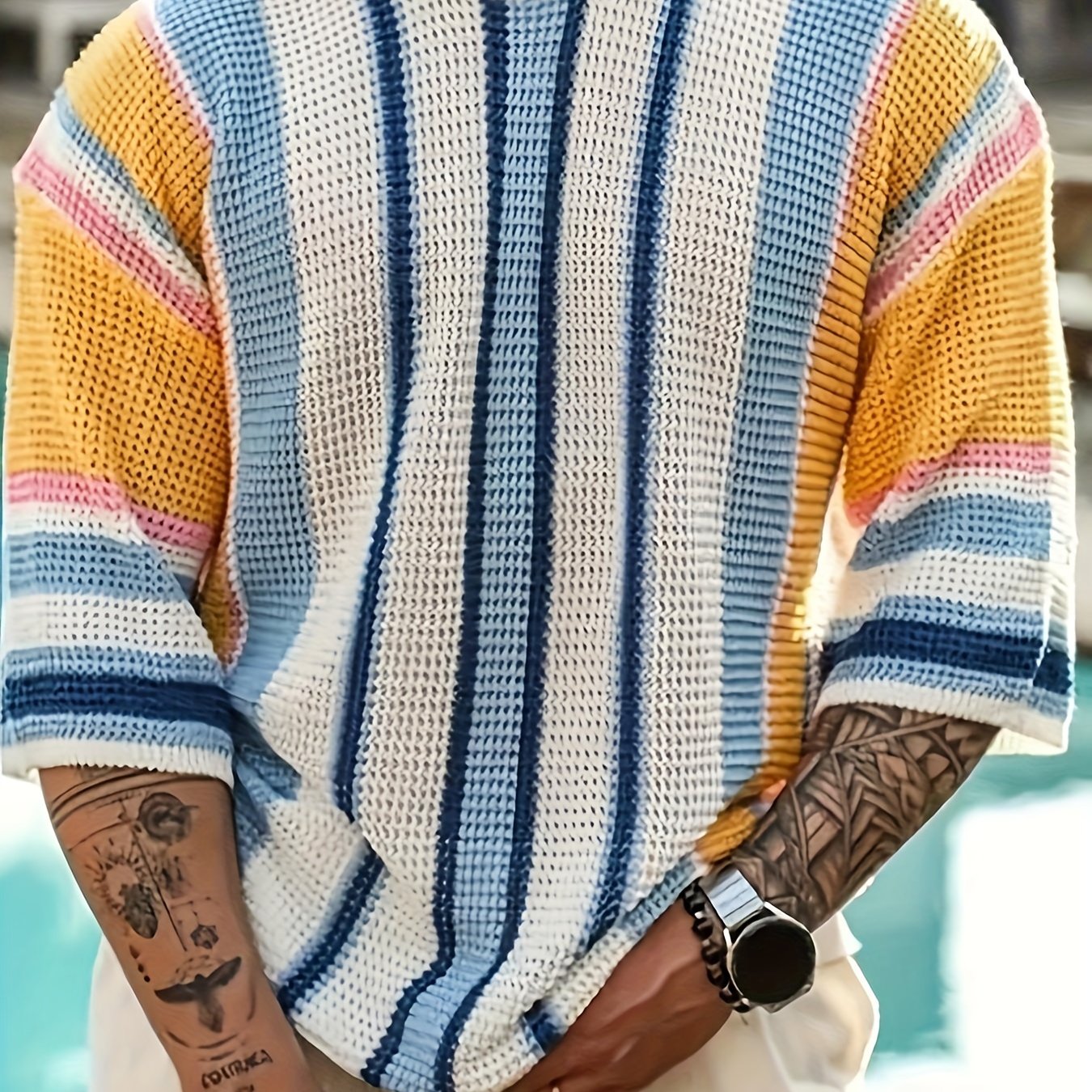 Men's Casual Knit Pullover Sweater Short Sleeve Crew Neck Micro-Elastic Ribbed Stripe Beach Vacation Style