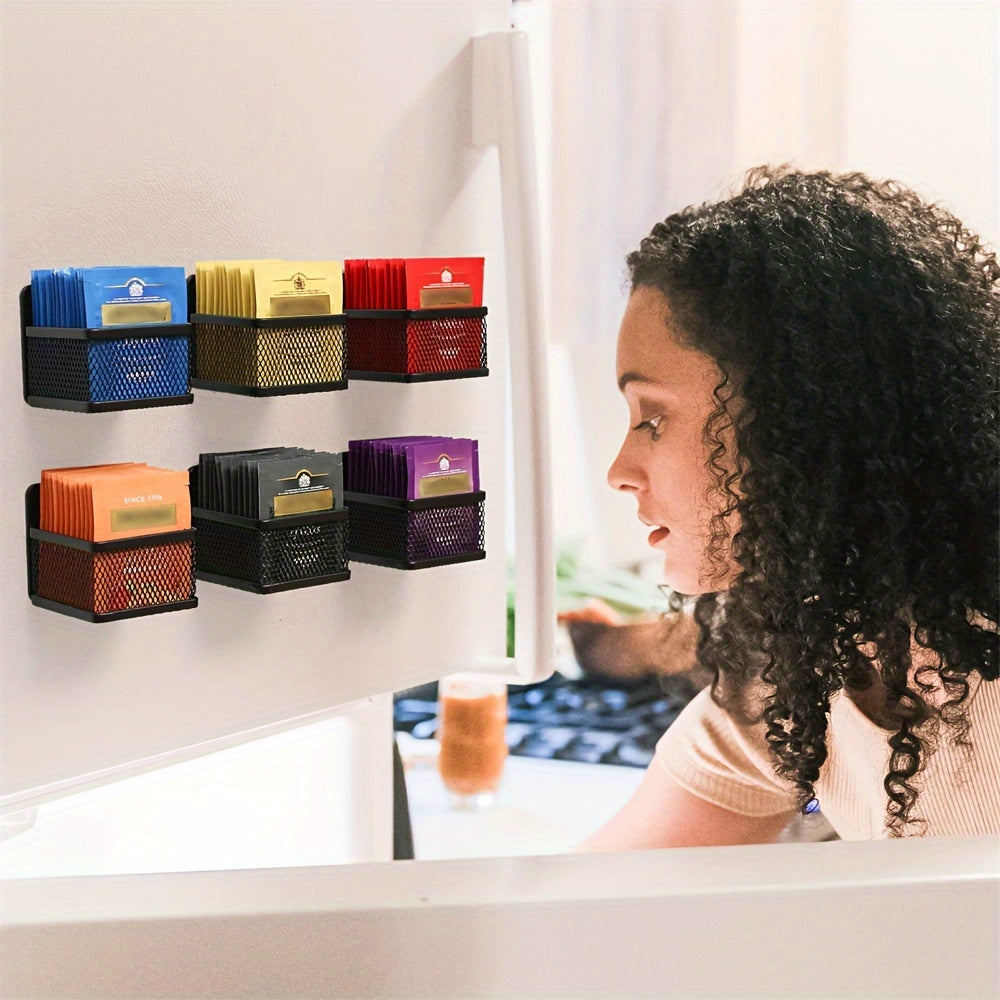 Organizador de malla metálica para colgar bolsas de té magnéticas para nevera, encimera y estante de cocina