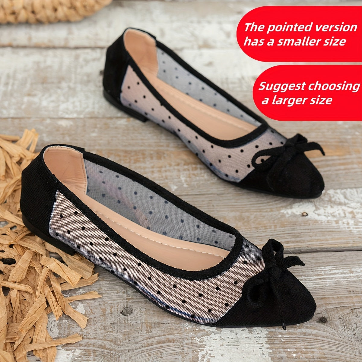 Women's Black Pointed Toe Slip-On Loafers with Bow and Polka Dot Net Fabric