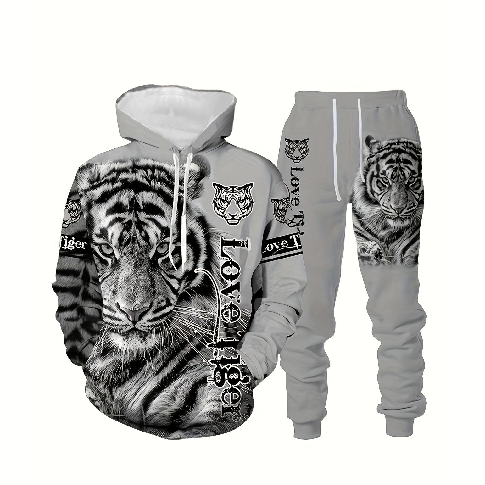 Men's Casual Polyester Hoodie and Sweatpants Set with Tiger and Lion Print