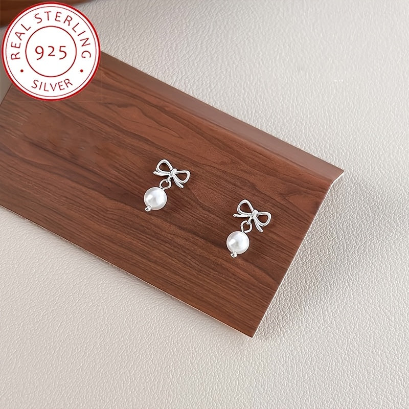 Sterling Silver Bowknot Faux Pearl Stud Earrings for Women