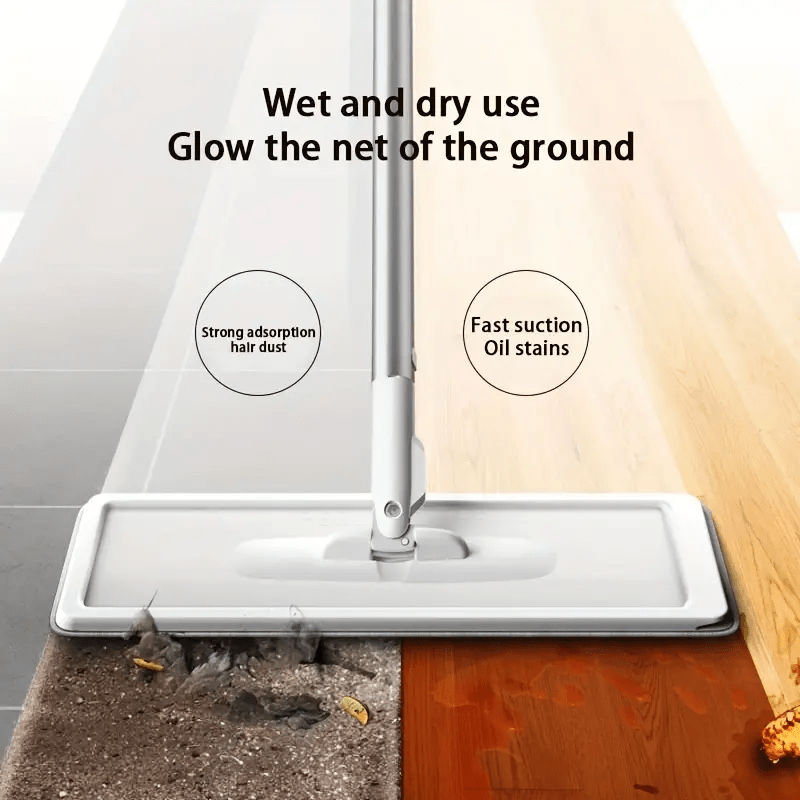 Qo'ldan ozod ishlash bilan o'z-o'zini siqadigan tekis mop, zanglamaydigan po'lat va plastmassa konstruktsiyasi, nam va quruq tozalash uchun mos. Yashash xonasi, yotoqxona, hammom, oshxona va hojatxona uchun qayta ishlatiladigan padlar bilan ta'minlangan.