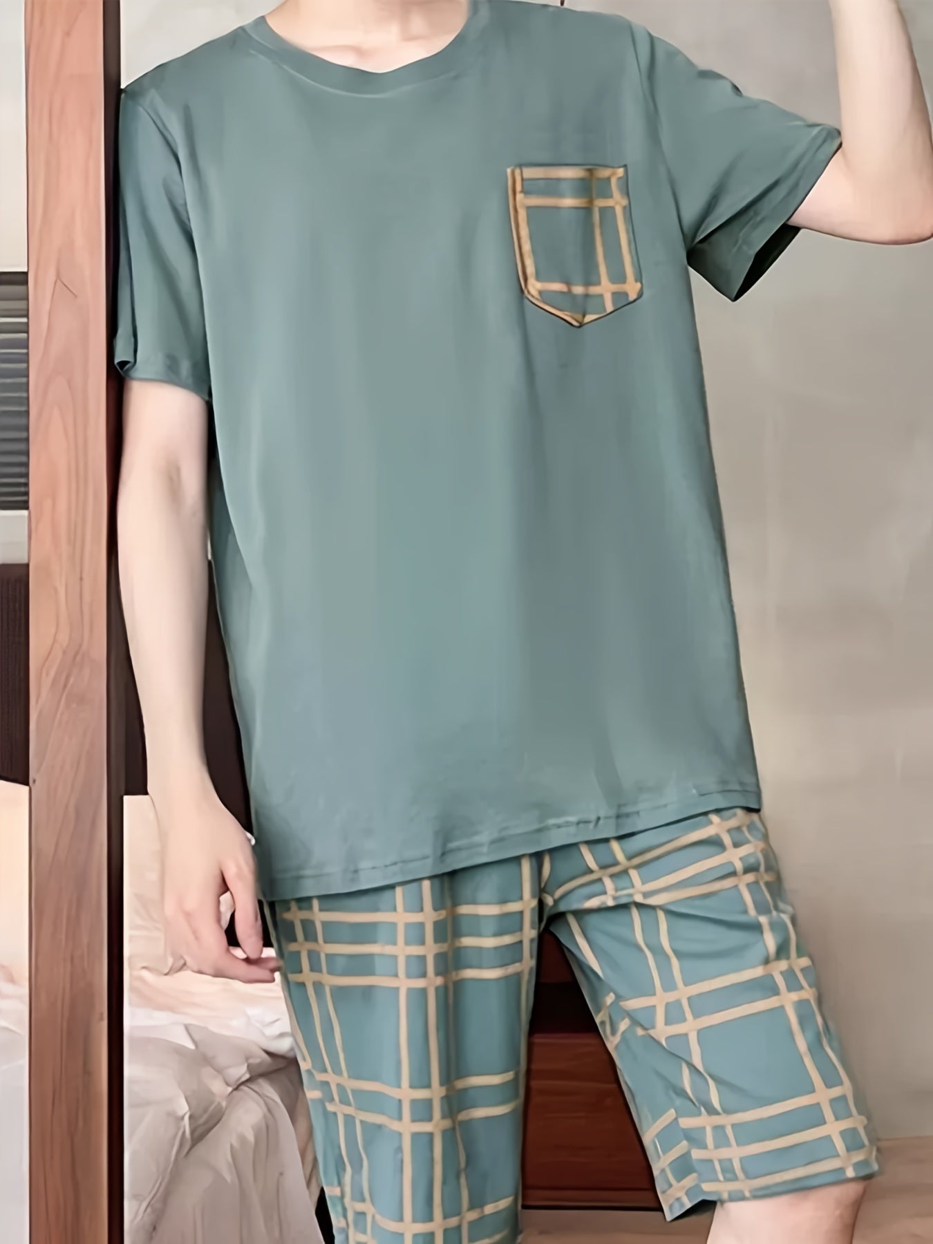 Мужской летний пижамный комплект с зеленой клеткой, короткий рукав, футболка и шорты, удобные и моющиеся в машине