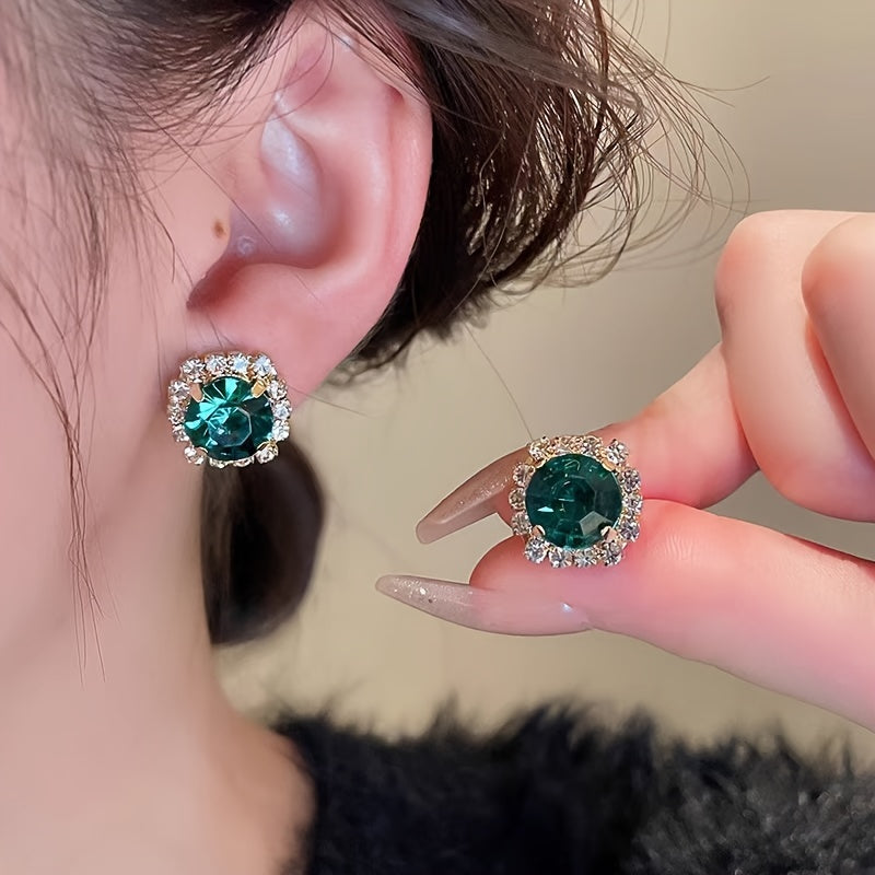 Green Rhinestone Necklace and Earrings Set for Women with Sterling Silver Posts