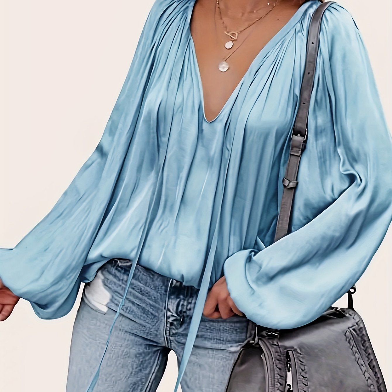 Women's Polyester V-Neck Blouse with Tie Neck and Lantern Sleeves