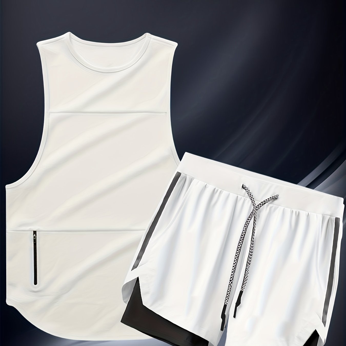 Men's Polyester Casual Sports Suit with Sleeveless Zipper Vest and Training Shorts
