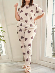 Пижама для женщин больших размеров с принтом сердечек, короткий рукав, топ и штаны, осень-зима, полиэстер