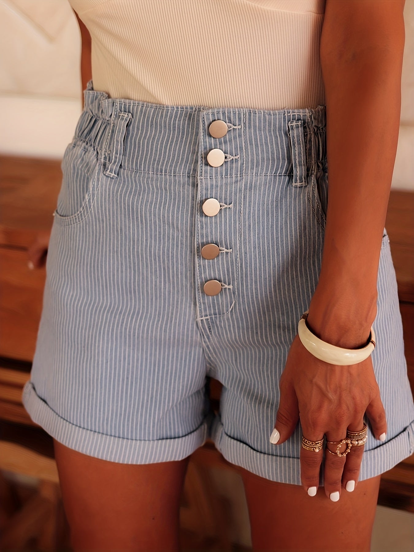 Women's Casual Summer Shorts Light Blue Striped Polyester Woven