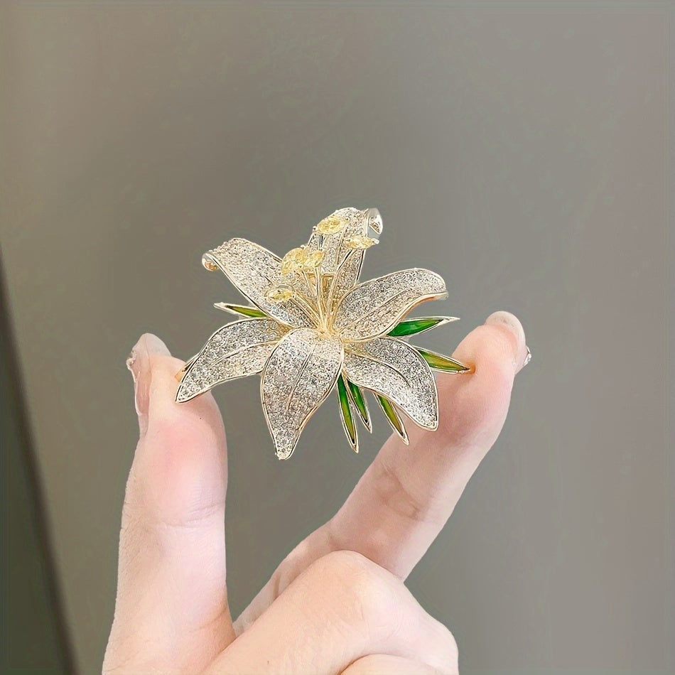 Elegant Lily Flower Brooch with Diamonds Alloy Lapel Pin for Women's Fashion