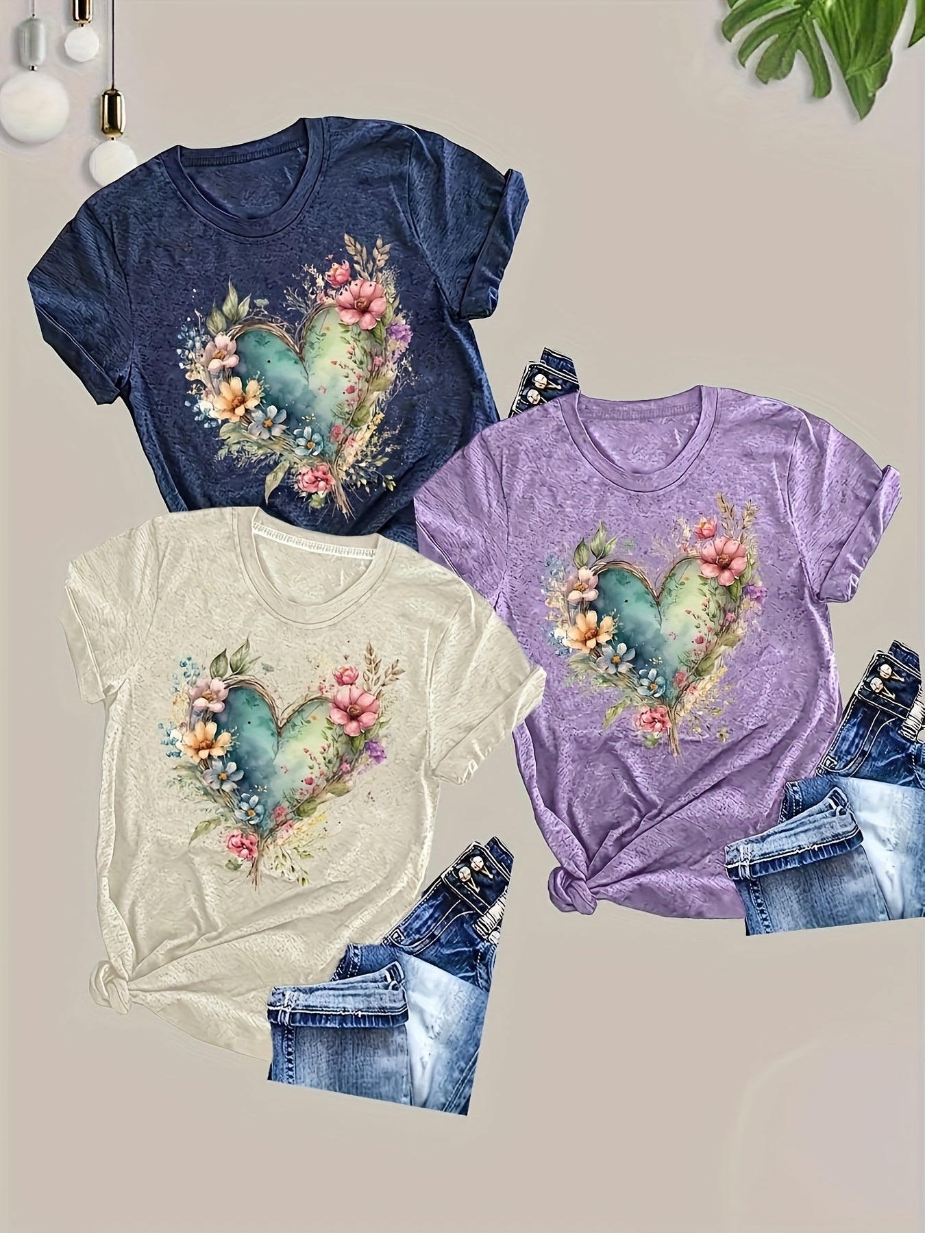 Plus Size Floral Print T-Shirts Pack of 3 Casual Crew Neck Polyester Knit Summer