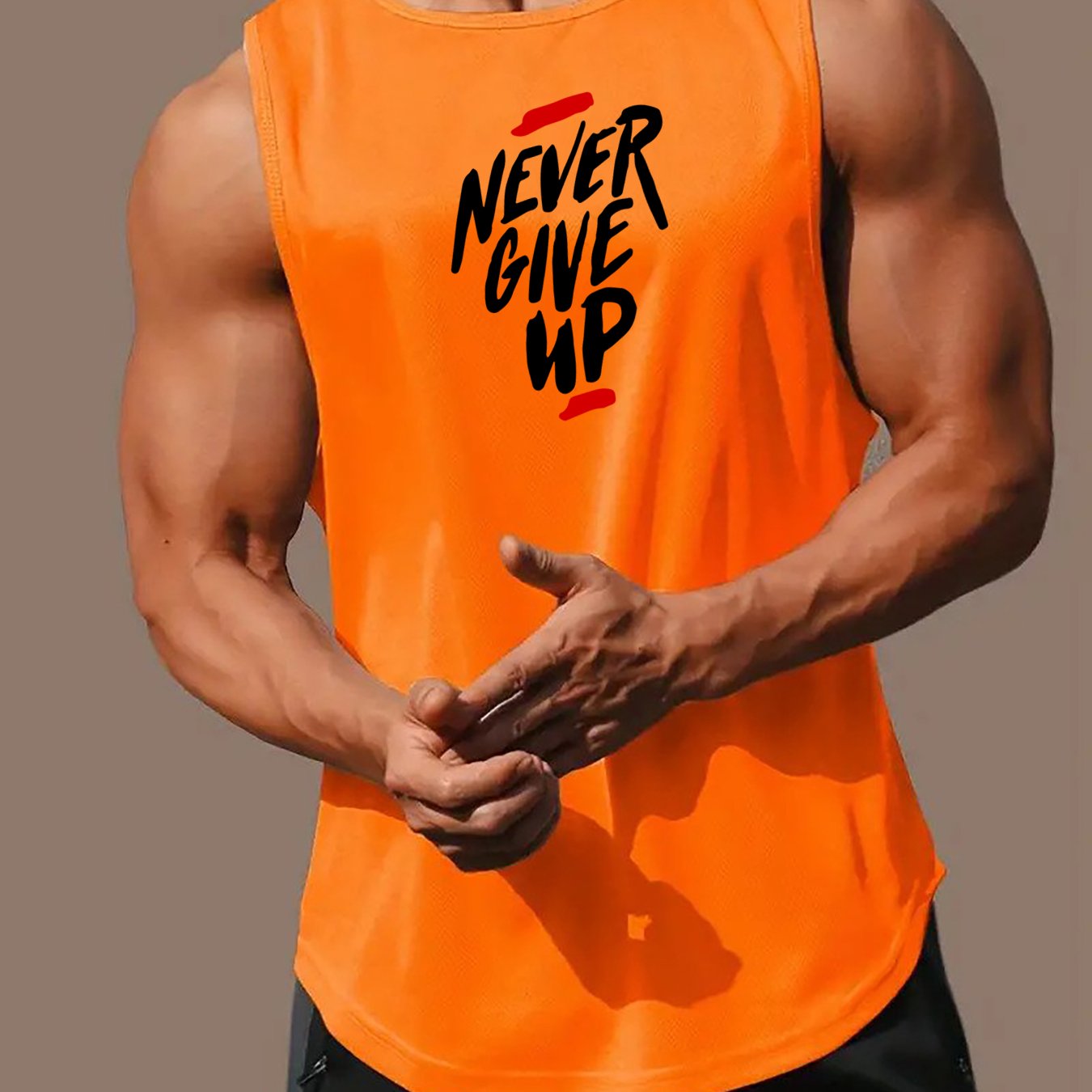 Men's Summer Breathable Polyester Tank Top with "Never Give Up" Print for Workout and Basketball