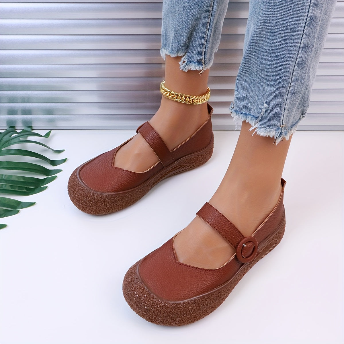 Women's Soft-Soled Casual Shoes Breathable PU Brown Flats