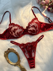 Women's Burgundy Floral Embroidered Lingerie Set Polyester Elastane Knit Medium Support No Padding Thong Drop Waist